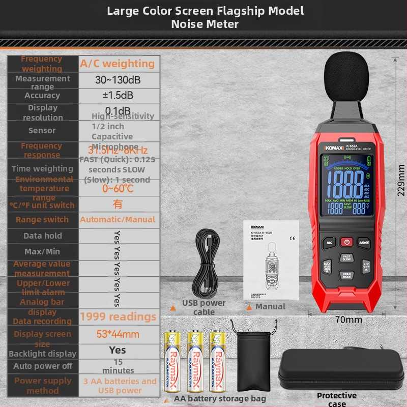 Comax цифров шумомер, ръчен измервател на звуково ниво, 30–130 dB, ±1.5 dB, резолюция 0.1 dB, модел Jykzyj1