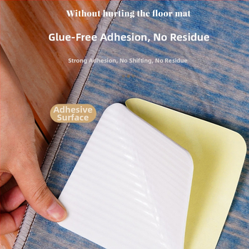 Лепящи стикери за килими – флокирана основа, водоустойчиво разлепващо лепило, дебелина 1,8 мм, термоустойчив памук като основен материал, за фиксация и антиподхлъзване на килими