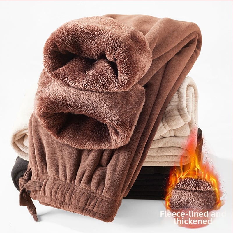 Muške zimske fleece hlače za opuštanje, dvostruki pliš, 100% poliester, rastezljivo tkanje, niski struk, vezanje, jednofarbne