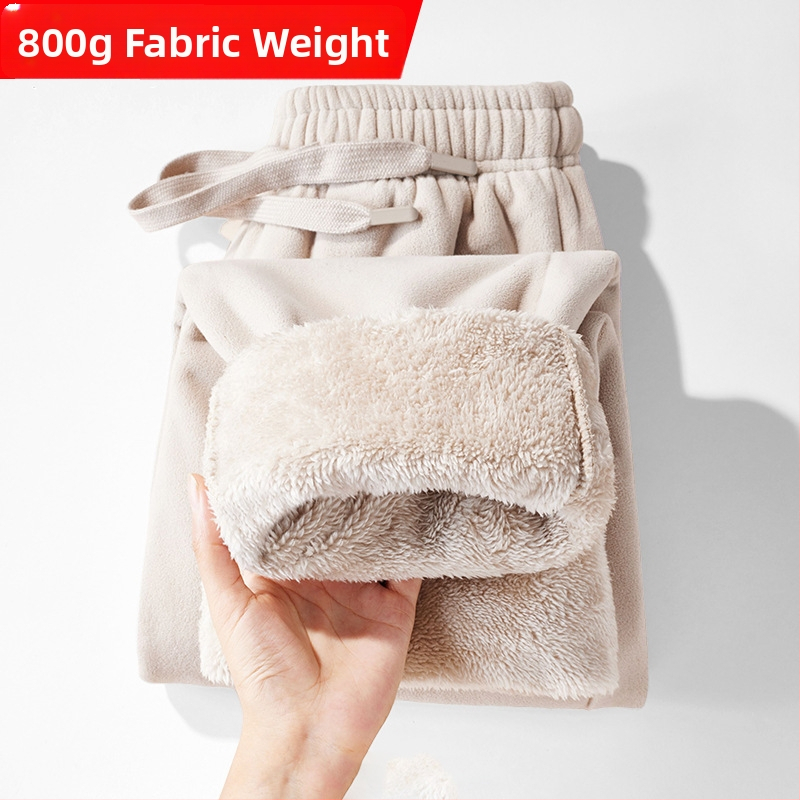 Muške zimske fleece hlače za opuštanje, dvostruki pliš, 100% poliester, rastezljivo tkanje, niski struk, vezanje, jednofarbne