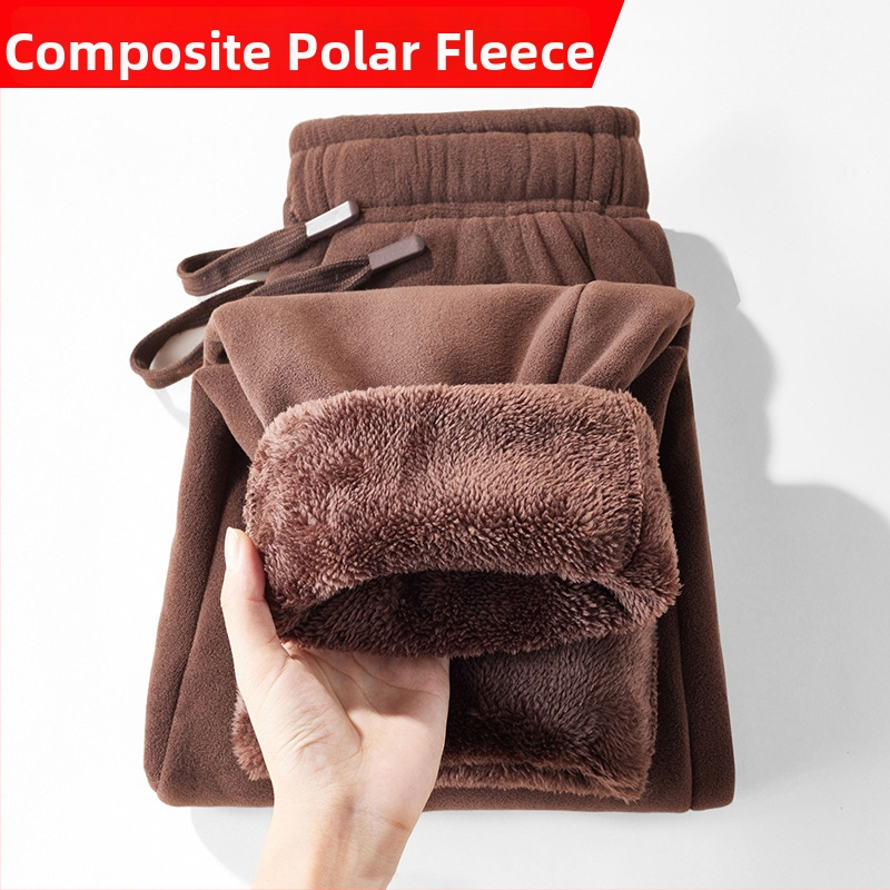 Muške zimske fleece hlače za opuštanje, dvostruki pliš, 100% poliester, rastezljivo tkanje, niski struk, vezanje, jednofarbne