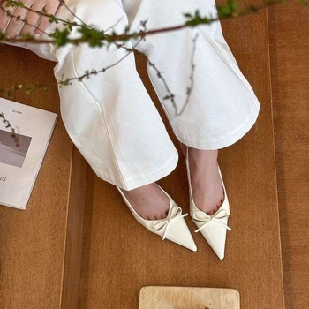 Ženske PU kožne cipele s oštrim nosom, korejskog stila, srednje visoka tanka peta, slip-on, gumena potplata