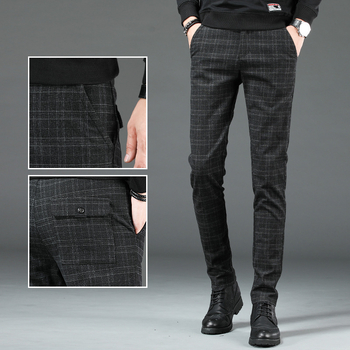 Muške hlače business casual, karirane pamuk za zimu, ravni kroj, podstavljene velurom, srednji pojas, 65–85% pamuka