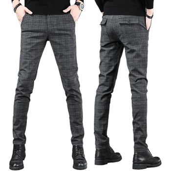 Muške hlače business casual, karirane pamuk za zimu, ravni kroj, podstavljene velurom, srednji pojas, 65–85% pamuka