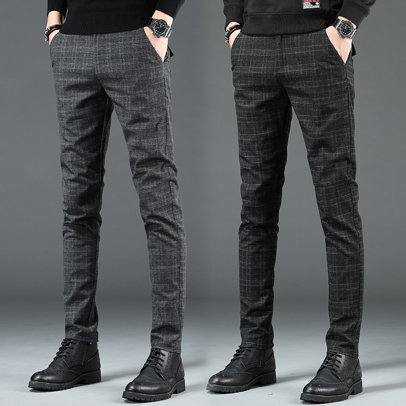 Muške hlače business casual, karirane pamuk za zimu, ravni kroj, podstavljene velurom, srednji pojas, 65–85% pamuka