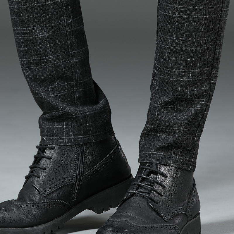 Muške hlače business casual, karirane pamuk za zimu, ravni kroj, podstavljene velurom, srednji pojas, 65–85% pamuka