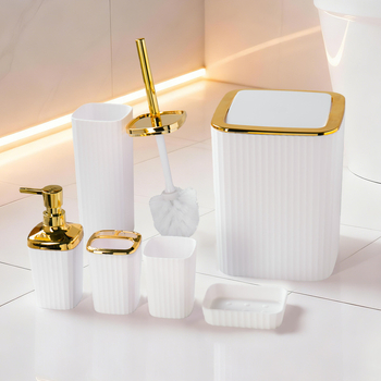 Kupaonski šestodjelni set za skladištenje, plastika; uključuje koš za otpatke, četku za zahod, pumpnu bocu, sapunicu (materijal: plastika; broj proizvoda: 100; mogućnost prilagođenog logotipa; prilagođena obrada)