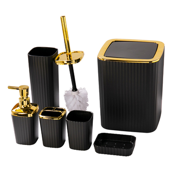 Kupaonski šestodjelni set za skladištenje, plastika; uključuje koš za otpatke, četku za zahod, pumpnu bocu, sapunicu (materijal: plastika; broj proizvoda: 100; mogućnost prilagođenog logotipa; prilagođena obrada)