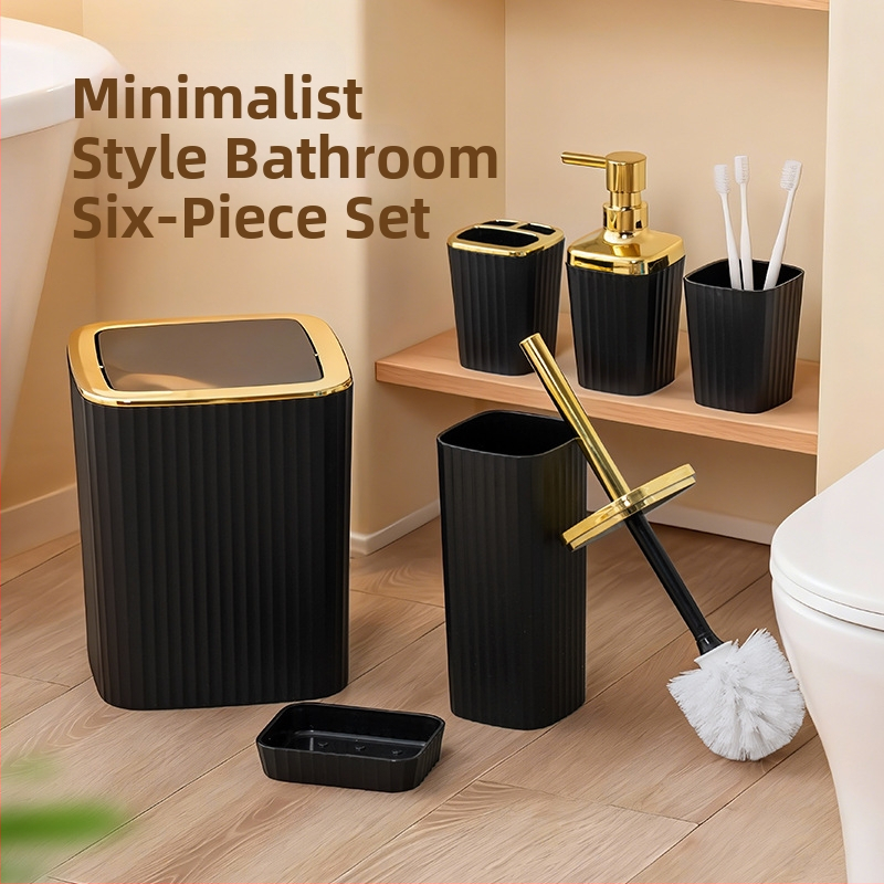 Šesťdielny kúpeľňový skladací set z plastu; obsahuje odpadkový kôš, záchodovú kefu, pumpovaciu fľašu, mydelničku (materiál: plast; číslo produktu: 100; tlač loga na mieru: áno; vlastné spracovanie: áno)