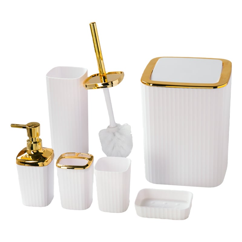 Kupaonski šestodjelni set za skladištenje, plastika; uključuje koš za otpatke, četku za zahod, pumpnu bocu, sapunicu (materijal: plastika; broj proizvoda: 100; mogućnost prilagođenog logotipa; prilagođena obrada)