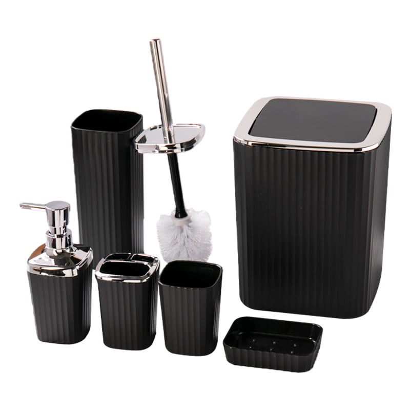 Kupaonski šestodjelni set za skladištenje, plastika; uključuje koš za otpatke, četku za zahod, pumpnu bocu, sapunicu (materijal: plastika; broj proizvoda: 100; mogućnost prilagođenog logotipa; prilagođena obrada)