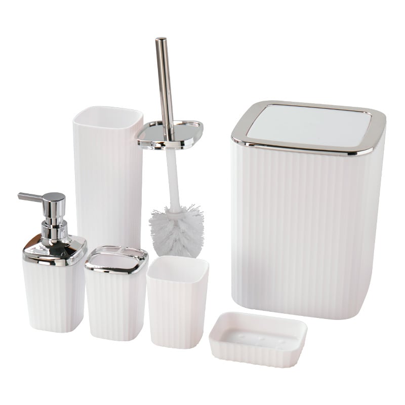 Kupaonski šestodjelni set za skladištenje, plastika; uključuje koš za otpatke, četku za zahod, pumpnu bocu, sapunicu (materijal: plastika; broj proizvoda: 100; mogućnost prilagođenog logotipa; prilagođena obrada)