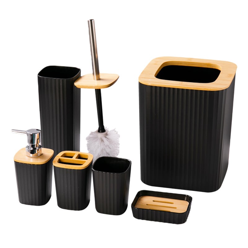 Kupaonski šestodjelni set za skladištenje, plastika; uključuje koš za otpatke, četku za zahod, pumpnu bocu, sapunicu (materijal: plastika; broj proizvoda: 100; mogućnost prilagođenog logotipa; prilagođena obrada)