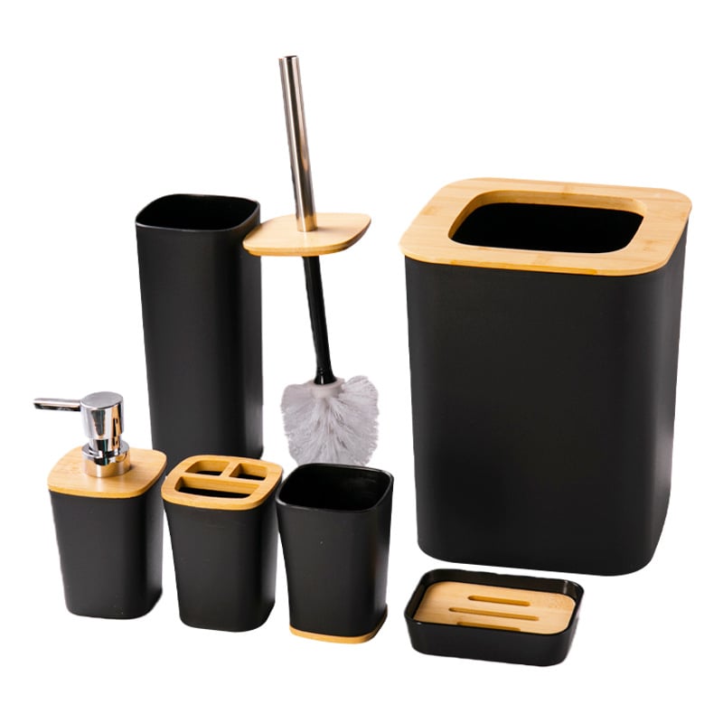 Kupaonski šestodjelni set za skladištenje, plastika; uključuje koš za otpatke, četku za zahod, pumpnu bocu, sapunicu (materijal: plastika; broj proizvoda: 100; mogućnost prilagođenog logotipa; prilagođena obrada)