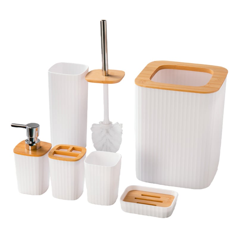 Kupaonski šestodjelni set za skladištenje, plastika; uključuje koš za otpatke, četku za zahod, pumpnu bocu, sapunicu (materijal: plastika; broj proizvoda: 100; mogućnost prilagođenog logotipa; prilagođena obrada)