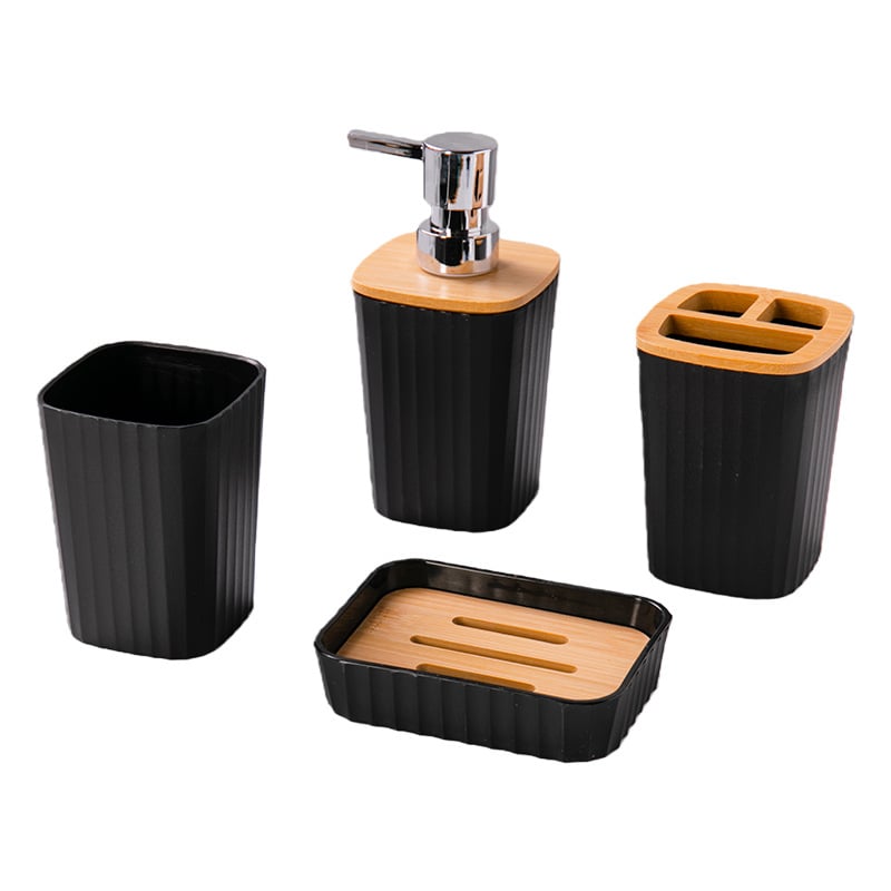 Kupaonski šestodjelni set za skladištenje, plastika; uključuje koš za otpatke, četku za zahod, pumpnu bocu, sapunicu (materijal: plastika; broj proizvoda: 100; mogućnost prilagođenog logotipa; prilagođena obrada)