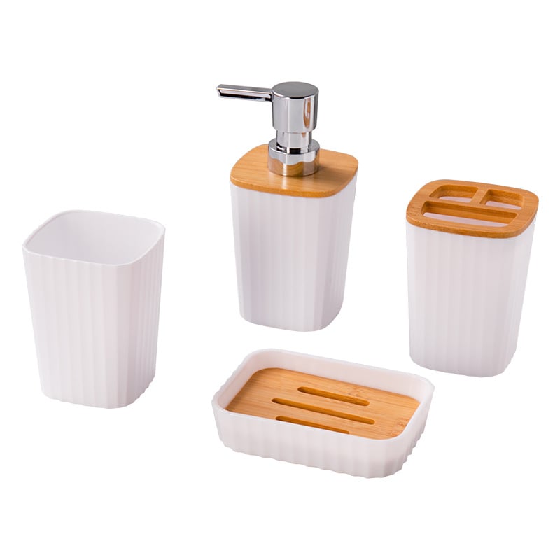 Kupaonski šestodjelni set za skladištenje, plastika; uključuje koš za otpatke, četku za zahod, pumpnu bocu, sapunicu (materijal: plastika; broj proizvoda: 100; mogućnost prilagođenog logotipa; prilagođena obrada)