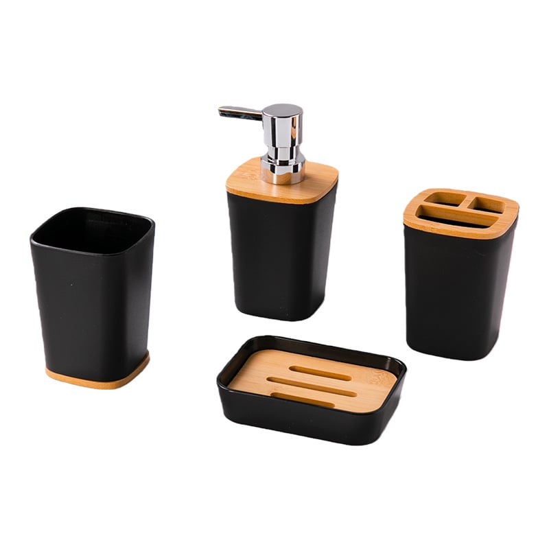 Kupaonski šestodjelni set za skladištenje, plastika; uključuje koš za otpatke, četku za zahod, pumpnu bocu, sapunicu (materijal: plastika; broj proizvoda: 100; mogućnost prilagođenog logotipa; prilagođena obrada)