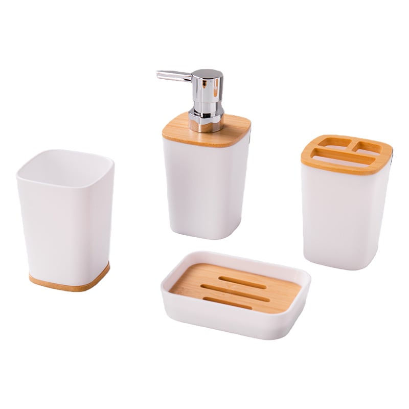 Kupaonski šestodjelni set za skladištenje, plastika; uključuje koš za otpatke, četku za zahod, pumpnu bocu, sapunicu (materijal: plastika; broj proizvoda: 100; mogućnost prilagođenog logotipa; prilagođena obrada)