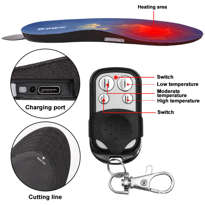 Daljinski upravljani grijani ulošci za cipele, punjive, podesiva temperatura, prilagodljive za rezanje, USB napajanje