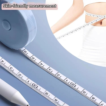 Vytiahnuté meradlo s mäkkým plastovým koženým povrchom; meria výšku a obvod pása, vhodné pre šport a fitness.