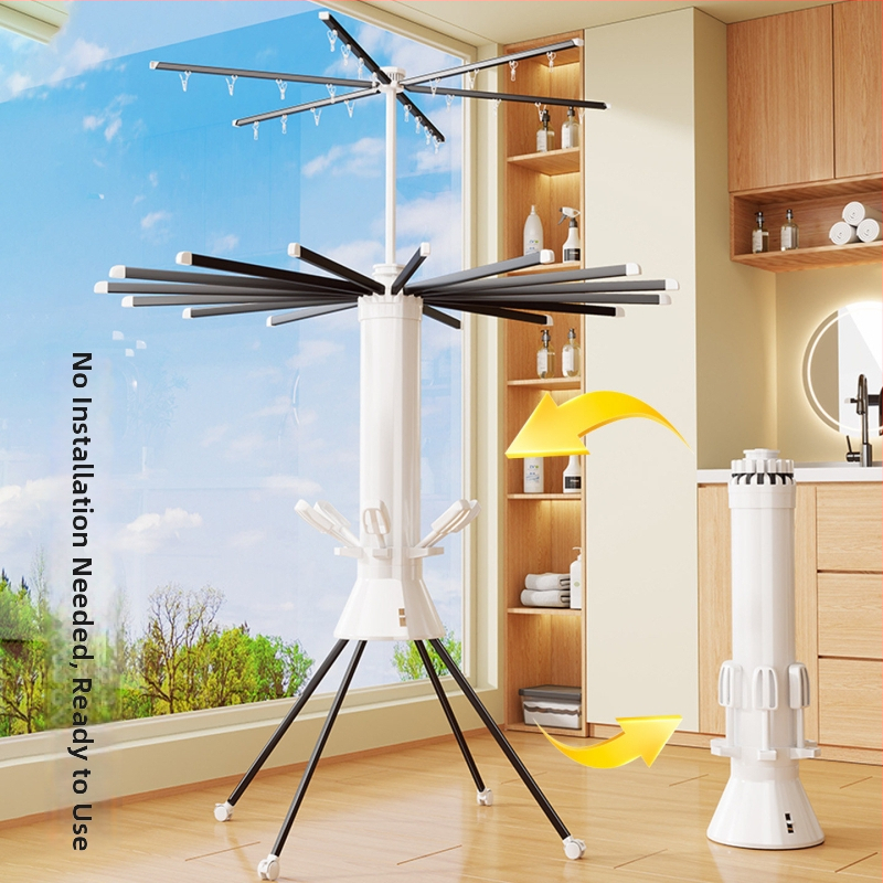 Podlahový skladací sušiaci stojan, kruhového tvaru, z karbónovej ocele, moderný minimalistický štýl, vnútorné použitie