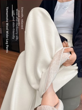 Φαρδιά παντελόνια από μείξη μαλλιού και πολυεστέρα, με επένδυση φλίς, ψηλόμεσα, παχιά για τον χειμώνα 2025, casual στυλ