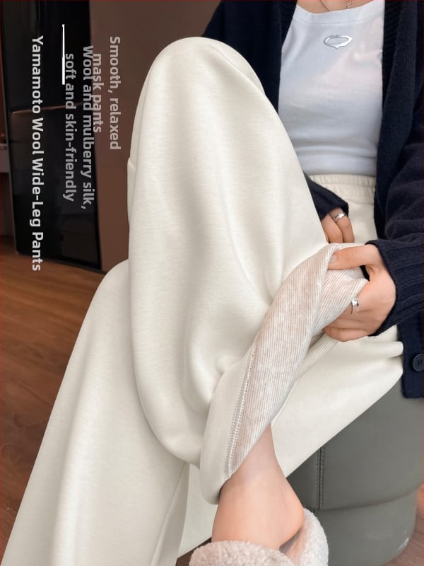 Φαρδιά παντελόνια από μείξη μαλλιού και πολυεστέρα, με επένδυση φλίς, ψηλόμεσα, παχιά για τον χειμώνα 2025, casual στυλ