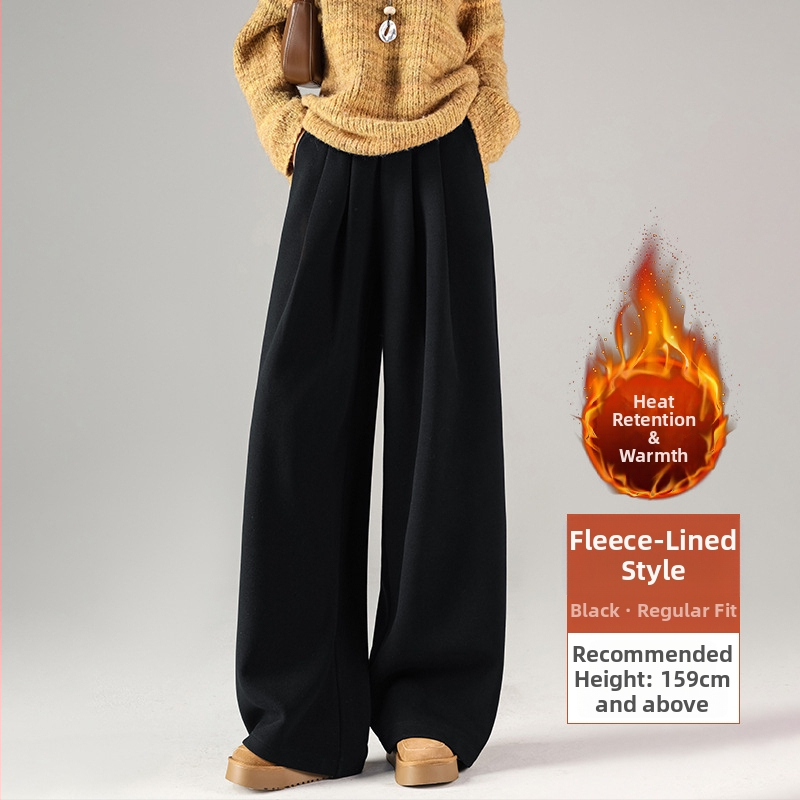 Φαρδιά παντελόνια από μείξη μαλλιού και πολυεστέρα, με επένδυση φλίς, ψηλόμεσα, παχιά για τον χειμώνα 2025, casual στυλ