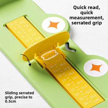 Detský merací nástroj na nohu — meria dĺžku nohy a vnútornú dĺžku topánky; Materiál: ABS plast; Veková kategória: 1–12 rokov; Štýl: Cartoon Paradise; Balenie: jedno balenie