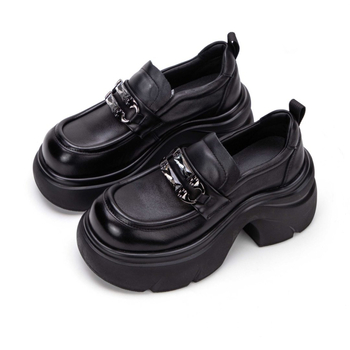 Ženske platform loafers s 8 cm visinom, gornji dio od kože prvog sloja, okrugli vrh, gumasti potplat, kožni ulošak