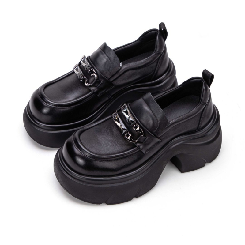 Ženske platform loafers s 8 cm visinom, gornji dio od kože prvog sloja, okrugli vrh, gumasti potplat, kožni ulošak