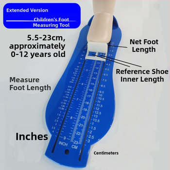 Rozšírená verzia meradla na meranie detských nôh, ABS plast, pre vek 1–12 rokov, jednotné balenie, bez značky.