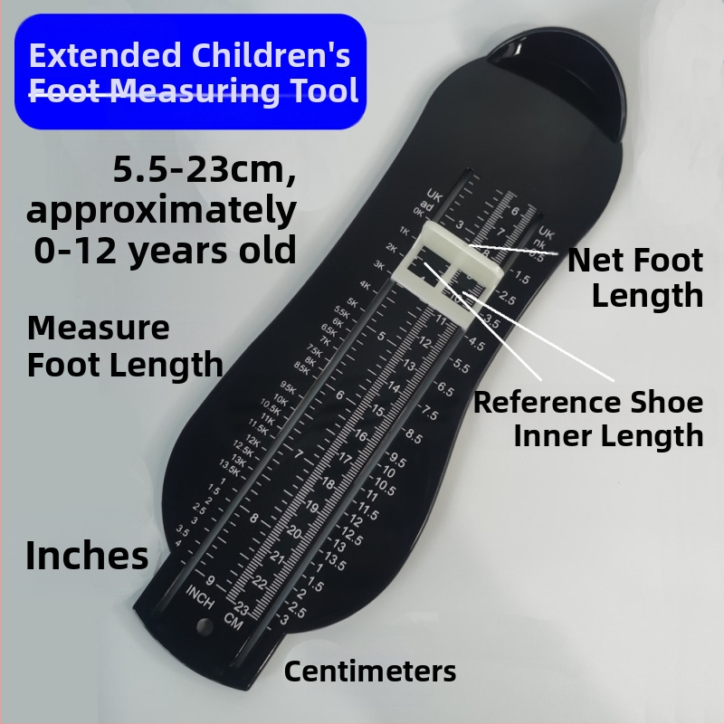 Rozšírená verzia meradla na meranie detských nôh, ABS plast, pre vek 1–12 rokov, jednotné balenie, bez značky.
