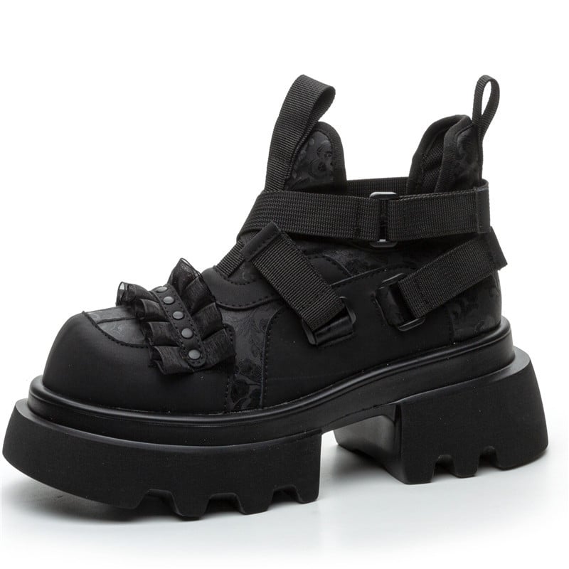 Pantofi cosplay din piele cu suprafață gravată, ghete înalte, talpă platformă 6–8 cm, talpă din poliuretan, închidere cu bretele încrucișate