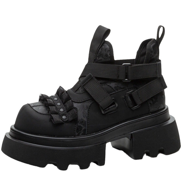 Pantofi cosplay din piele cu suprafață gravată, ghete înalte, talpă platformă 6–8 cm, talpă din poliuretan, închidere cu bretele încrucișate