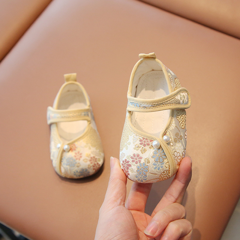 Kínai-stílusú babacipő lányoknak, pamut felsőrész, Velcro-záródás, 12-36 hónap