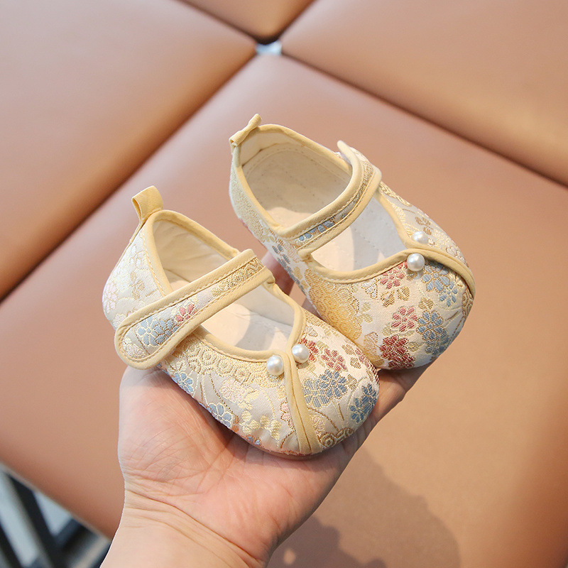 Kínai-stílusú babacipő lányoknak, pamut felsőrész, Velcro-záródás, 12-36 hónap