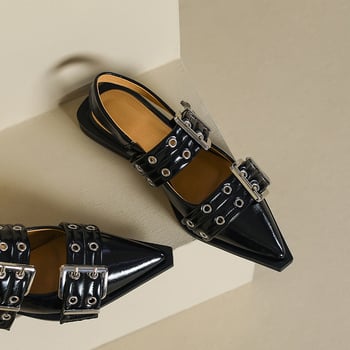 Pantofi Mary Jane pentru femei, vârf ascuțit, toc mic și gros sub 3 cm, partea superioară din piele de vacă split, talpă din cauciuc