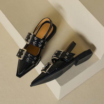 Pantofi Mary Jane pentru femei, vârf ascuțit, toc mic și gros sub 3 cm, partea superioară din piele de vacă split, talpă din cauciuc