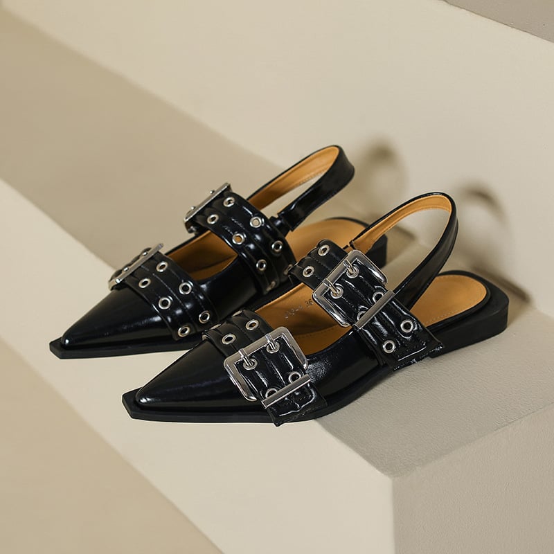 Pantofi Mary Jane pentru femei, vârf ascuțit, toc mic și gros sub 3 cm, partea superioară din piele de vacă split, talpă din cauciuc