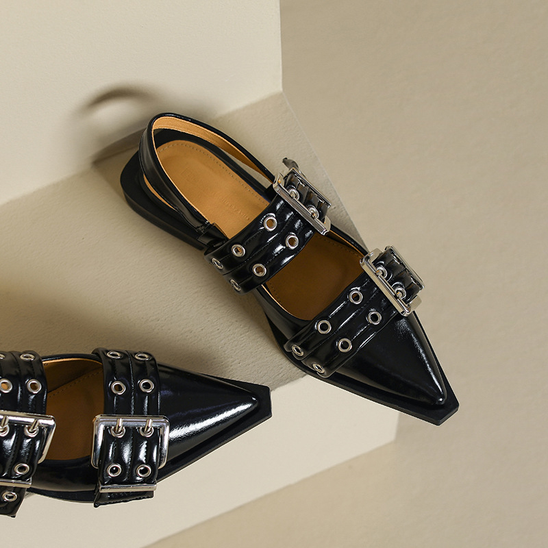 Pantofi Mary Jane pentru femei, vârf ascuțit, toc mic și gros sub 3 cm, partea superioară din piele de vacă split, talpă din cauciuc