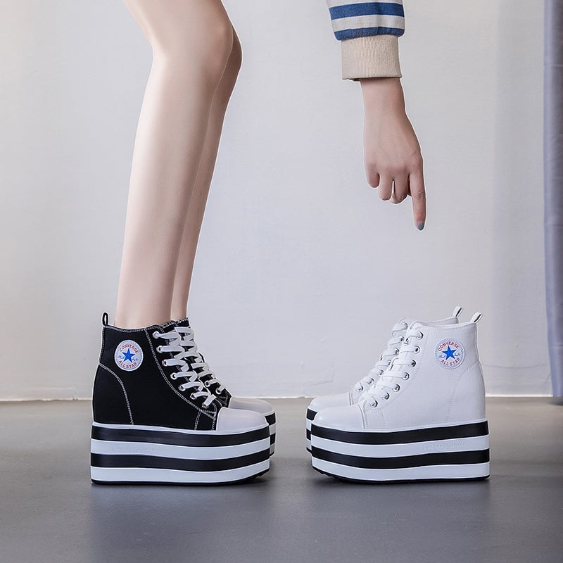 Ženske tenisice od platna s visokim gornjim dijelom, unutarnje povećanje od 12 cm, PU đon, vezanje, svakodnevni stil