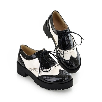 Lolita cosplay cipele s vezanjem, dizajn u blok boja, srednji pet; gornji dio od reciklirane kože, potplat od gume, unutrašnjost PU, britanski stil.