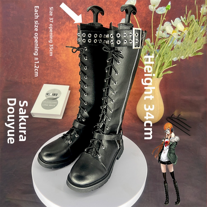 Cosplay čižmy pre Futabu Sakura (Persona 5) s okrúhľnou špičkou, vrchnok z mikrovlákna, PU podrážka, zapínanie na zips, nízky hrubý podpätok 1–3 cm