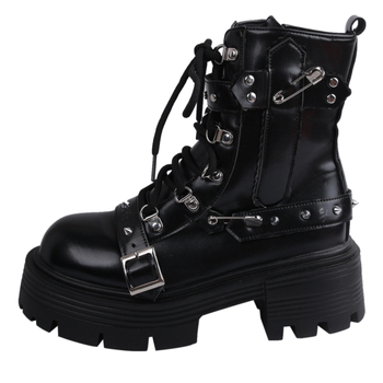 Cipele Lolita Punk s debelim potplatom i metalnim detaljima; gornji dio PU, zaokruženi vrh, vezanje šnurama, visina pete 6–8 cm