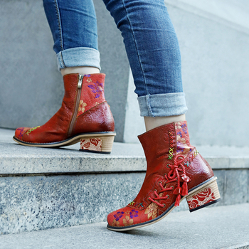 Cizme scurte pentru femei din piele de capră, model floral, închidere cu fermoar, talpă din cauciuc, toc 3–5 cm, stil vintage
