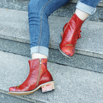 Cizme scurte pentru femei din piele de capră, model floral, închidere cu fermoar, talpă din cauciuc, toc 3–5 cm, stil vintage