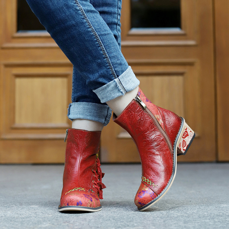 Cizme scurte pentru femei din piele de capră, model floral, închidere cu fermoar, talpă din cauciuc, toc 3–5 cm, stil vintage