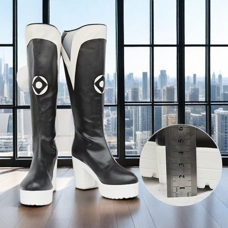 Cosplay térdmagas csizmák, felső része szintetikus bőr, magas szár, hátul záródó cipzár, csíkos mintázat, latex talpbetét